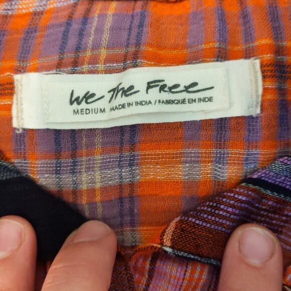 Free People We The Free Pink Orange Plaid Tie Front Western Shirt Medium - Picture 5 of 7